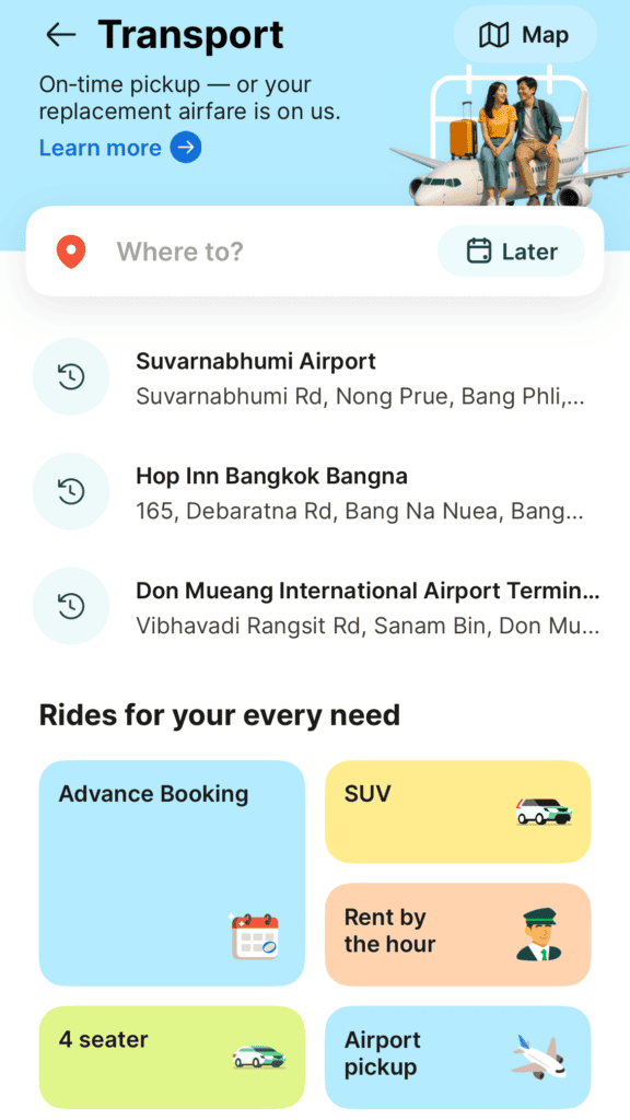 Grab app transport home screen showing ride options and recent locations in Bangkok