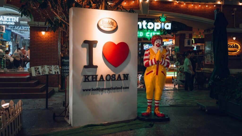 “I Love Khaosan” sign outside shops on Khaosan Road in Bangkok at night