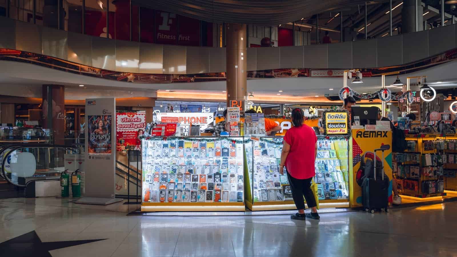 Phone case and accessories stall inside a Bangkok shopping mall
